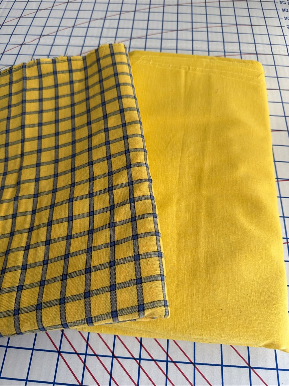 Vintage Yellow Fabric Lot Linen Look & Blue Plaid Homespun Nearly 6 Yards